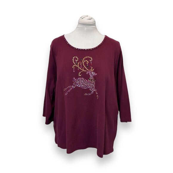 Quacker Factory 2X Womens Burgundy Holiday Reindeer Top With Rhinestones - Picture 1 of 9